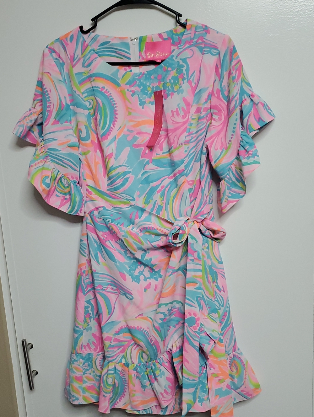 Lilly Pulitzer Pink, Blue & Green Pastel Swirl Ruffle Tie-Waist Dress - Picture 1 of 11
